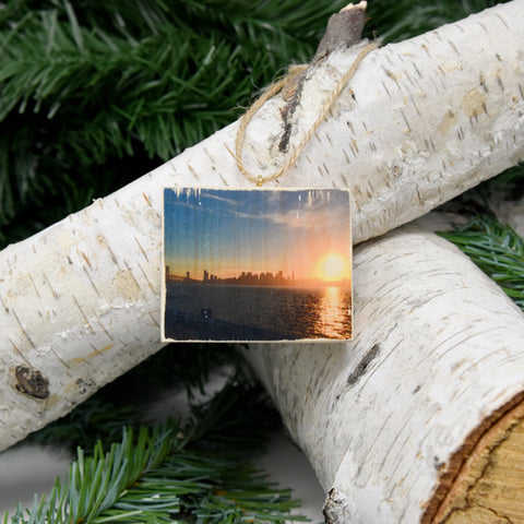 Mini Rectangle Ornament: Sunset View from Treasure Island - Hand-Transferred Photo on Wood