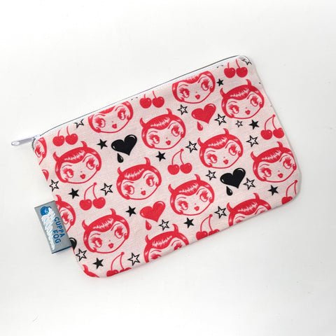 5x8 Zipper Pouch - Retro Punk Devil Girl on Lt Pink