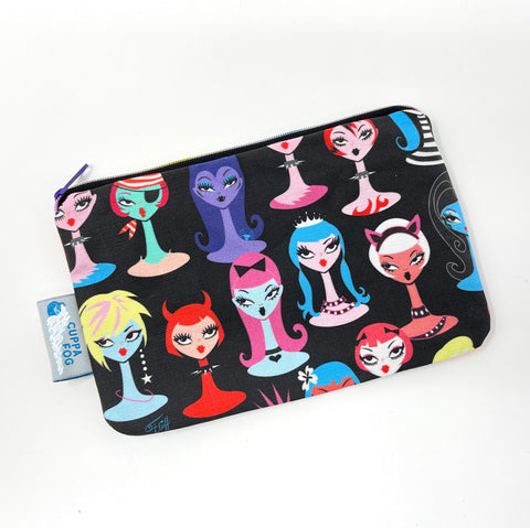 5x8 Zipper Pouch - Retro Punk Heads on Black