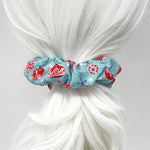 Large Cloth Scrunchie - Retro Pink Ornaments on Lt Blue