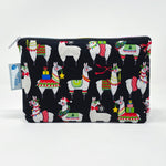 5x8 Zipper Pouch - Festive Holiday Llamas on Black