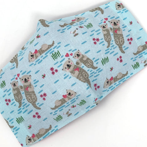 Cloth Face Mask - #216 - Parent/Child Otters on Lt Blue