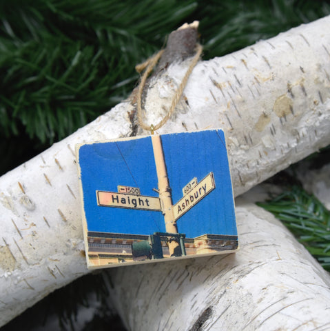Mini Rectangle Ornament: Haight/Ashbury Corner Sign - Hand-Transferred Photo on Wood