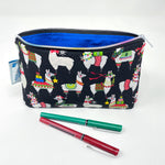 5x8 Zipper Pouch - Festive Holiday Llamas on Black