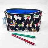 5x8 Zipper Pouch - Festive Holiday Llamas on Black