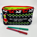 5x8 Zipper Pouch - Grinch Ugly Sweaters on Black