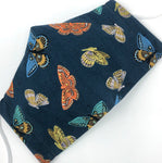 Cloth Face Mask - #283 - Butterflies on Dk Navy with Gold Metallic Accents