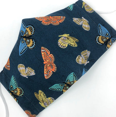 Cloth Face Mask - #283 - Butterflies on Dk Navy with Gold Metallic Accents