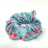 Large Cloth Scrunchie - Retro Pink Ornaments on Lt Blue