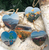 Mini Heart Ornament: Pacifica Poppy Coastal View - Hand-Transferred Photo on Wood