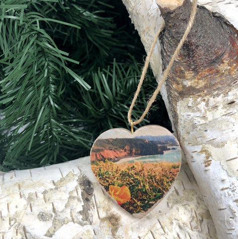 Mini Heart Ornament: Pacifica Poppy Coastal View - Hand-Transferred Photo on Wood
