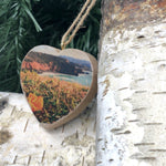 Mini Heart Ornament: Pacifica Poppy Coastal View - Hand-Transferred Photo on Wood
