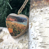 Mini Heart Ornament: Pacifica Poppy Coastal View - Hand-Transferred Photo on Wood