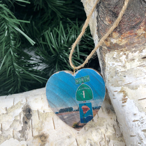 Mini Heart Ornament: Highway 1 Sign - Hand-Transferred Photo on Wood