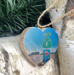 Mini Heart Ornament: Highway 1 Sign - Hand-Transferred Photo on Wood