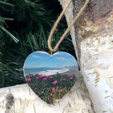 Mini Heart Ornament: Pacifica Iceplant Coastal View - Hand-Transferred Photo on Wood