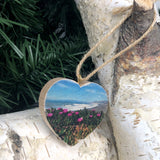 Mini Heart Ornament: Pacifica Iceplant Coastal View - Hand-Transferred Photo on Wood