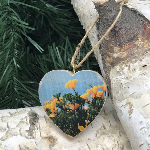 Mini Heart Ornament: California Poppies - Hand-Transferred Photo on Wood