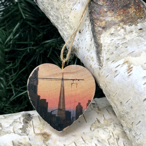 Mini Heart Ornament: Sunset Transamerica - Hand-Transferred Photo on Wood
