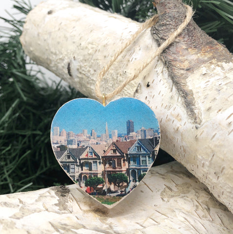 Mini Heart Ornament: Painted Ladies - Hand-Transferred Photo on Wood