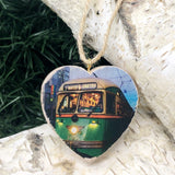 Mini Heart Ornament: Green F Line - Hand-Transferred Photo on Wood