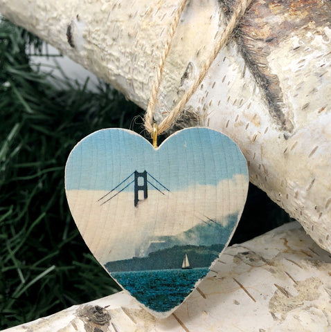Mini Heart Ornament: Afternoon Fog: Golden Gate Bridge - Hand-Transferred Photo on Wood