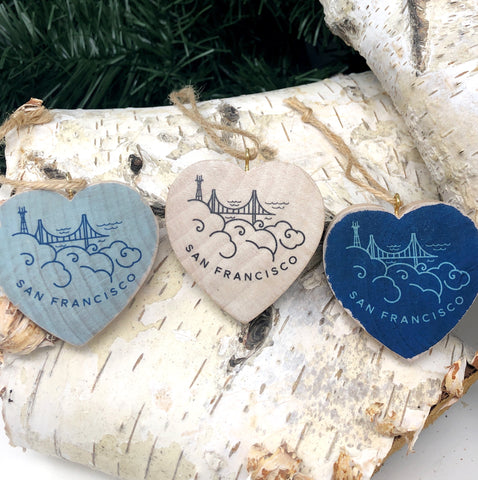 Mini Heart Ornament: San Francisco Line Drawing - Hand-Transferred Image on Wood