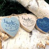 Mini Heart Ornament: San Francisco Line Drawing - Hand-Transferred Image on Wood