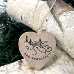 Mini Heart Ornament: San Francisco Line Drawing - Hand-Transferred Image on Wood