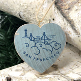Mini Heart Ornament: San Francisco Line Drawing - Hand-Transferred Image on Wood