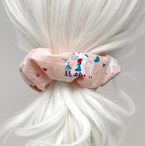 Large Cloth Scrunchie -Elves and Unicorns on Lt Pink