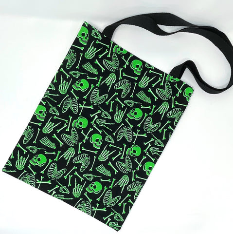 IN STOCK: Halloween Tote Bag - Glow-in-the-Dark Green Skeletons on Black
