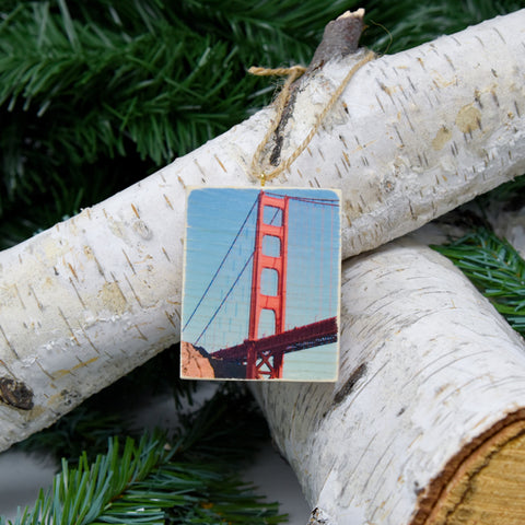 Mini Rectangle Ornament: International Orange: Golden Gate Bridge - Hand-Transferred Photo on Wood