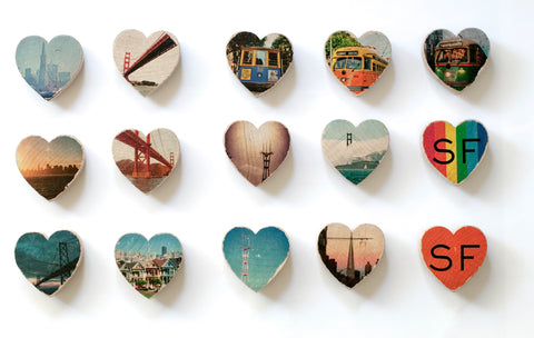 Mini Heart Magnets: SF - Hand-Transferred Photos on Wood, Various Images