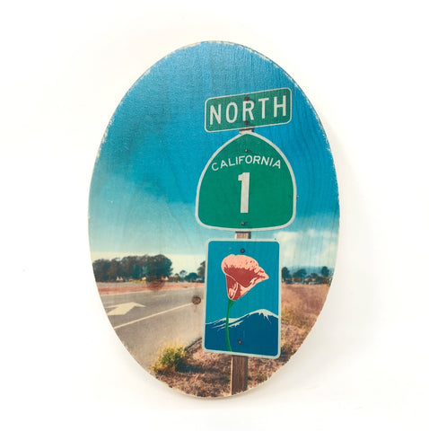 Headed North: Highway 1 Road Sign with California Poppy - 5”x7” Oval